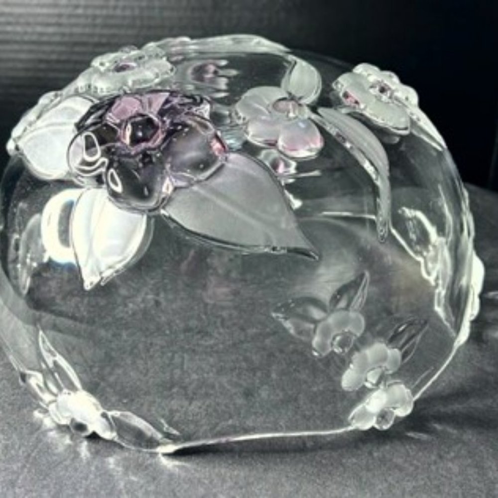 8” crystal glass serving bowl with pink flowers